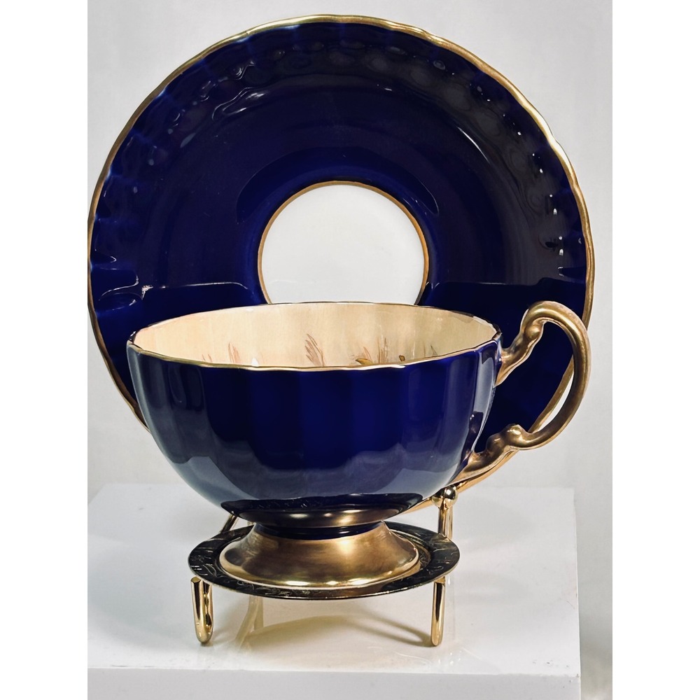 Aynsley Orchard Fruit Teacup Saucer Cobalt Blue Gold D Jones Signed Bone China - Picture 4 of 8